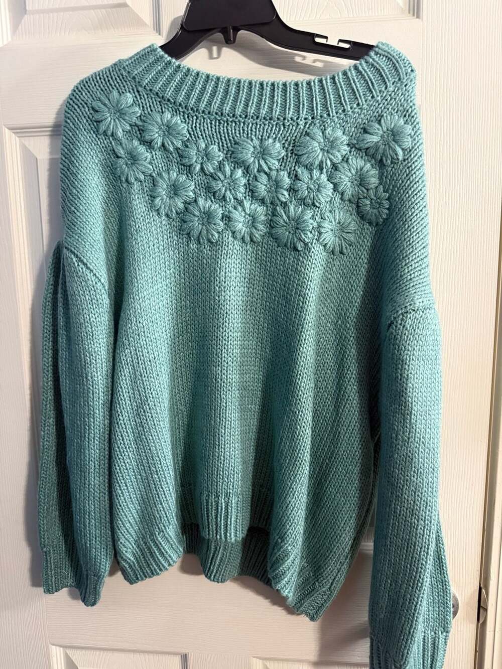 Crown & Ivy Women's Floral Appliqué Knit Sweater Teal XL